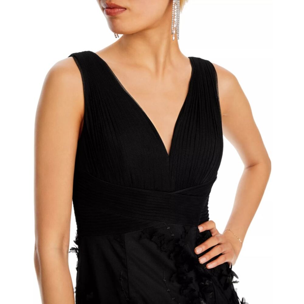 Adrianna Papell Black Floral Appliqué Double V Neck Mermaid Gown Size 10 - Picture 11 of 12